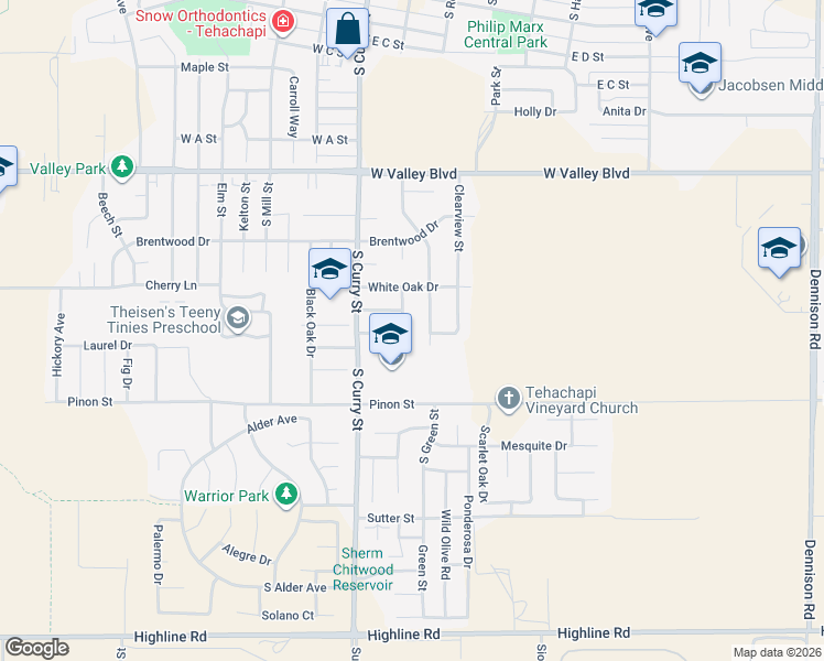 map of restaurants, bars, coffee shops, grocery stores, and more near 1012 Cypress Way in Tehachapi