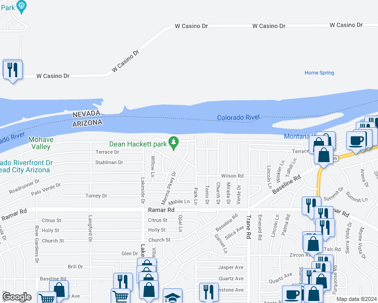 map of restaurants, bars, coffee shops, grocery stores, and more near 16 Marina Parkway Drive in Bullhead City