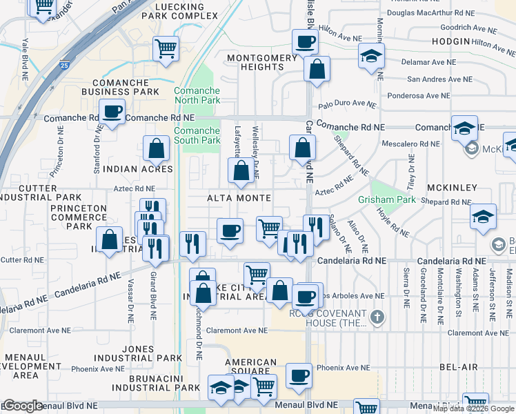 map of restaurants, bars, coffee shops, grocery stores, and more near 3224 Lafayette Drive Northeast in Albuquerque