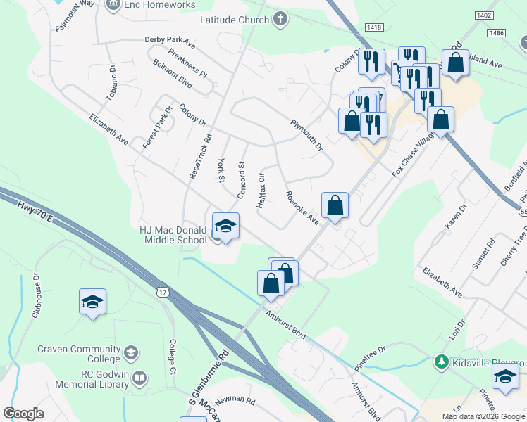 map of restaurants, bars, coffee shops, grocery stores, and more near 815 Halifax Circle in New Bern
