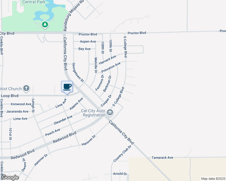 map of restaurants, bars, coffee shops, grocery stores, and more near Cooper Drive in California City