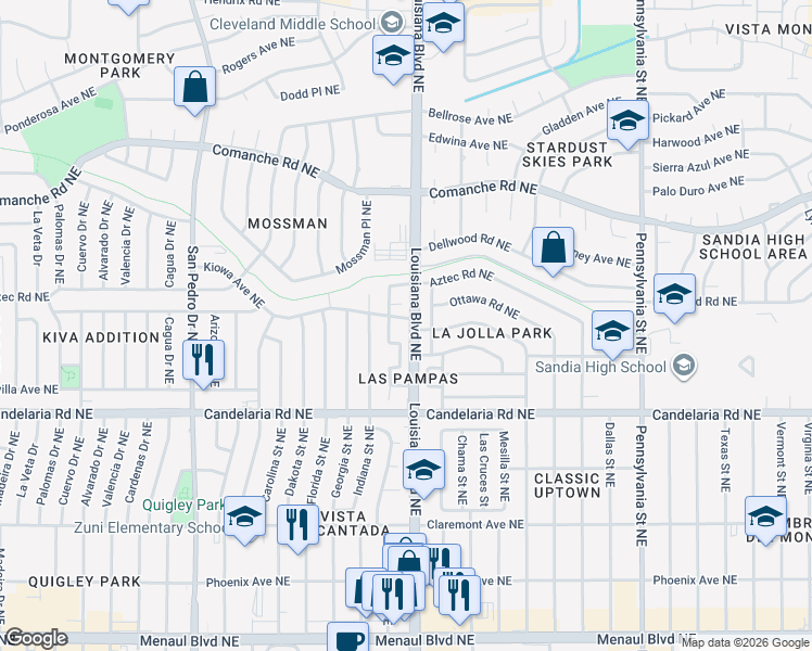 map of restaurants, bars, coffee shops, grocery stores, and more near 6980 Kiowa Avenue Northeast in Albuquerque