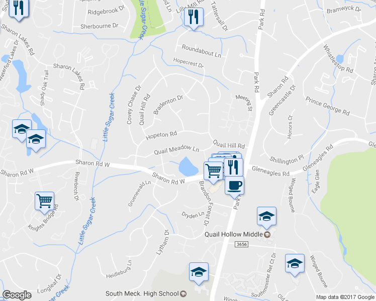 map of restaurants, bars, coffee shops, grocery stores, and more near 7237 Quail Meadow Lane in Charlotte