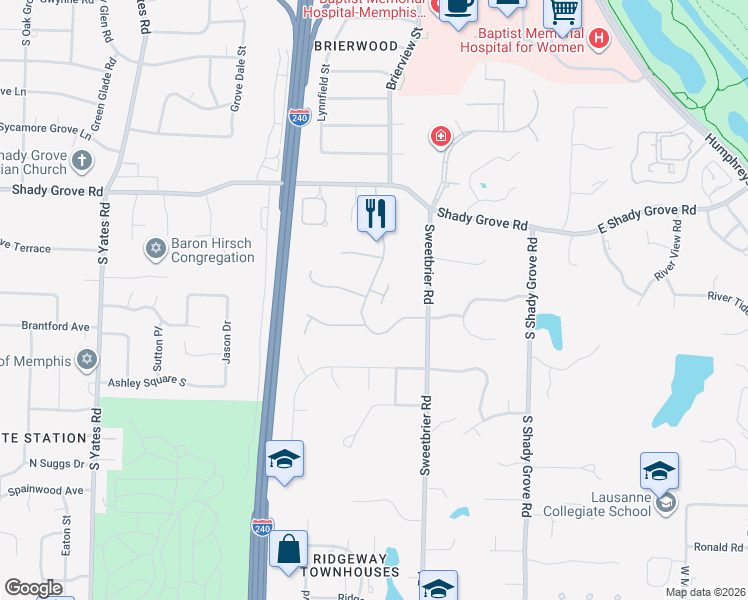 map of restaurants, bars, coffee shops, grocery stores, and more near 432 River Oaks Road in Memphis