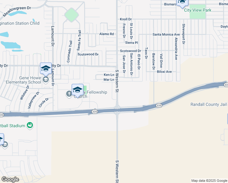 map of restaurants, bars, coffee shops, grocery stores, and more near 8702 South Western Street in Amarillo
