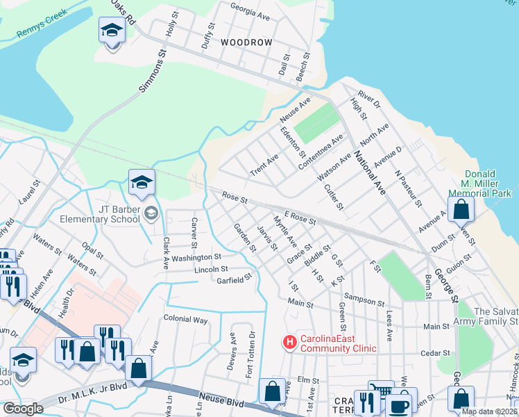 map of restaurants, bars, coffee shops, grocery stores, and more near 1701-1705 East Rose Street in New Bern