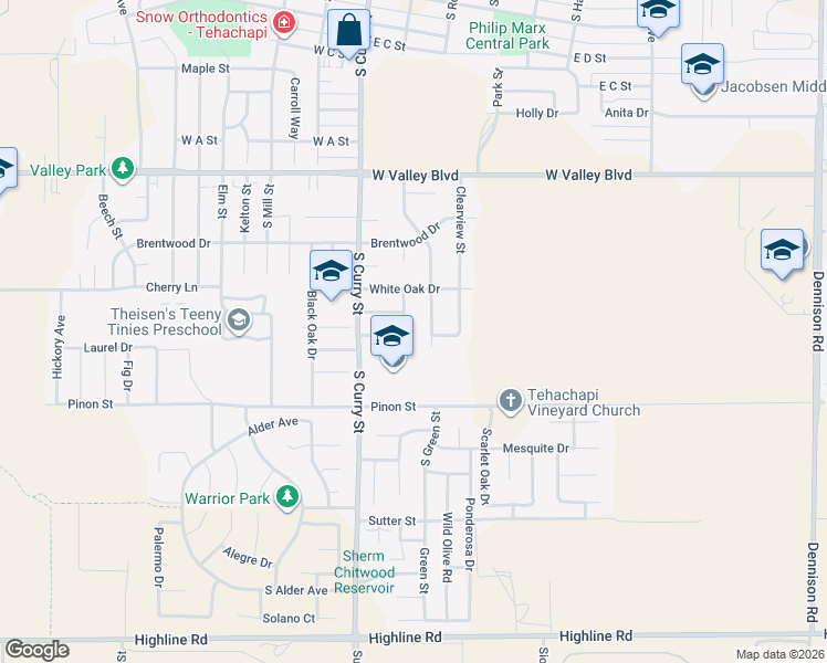 map of restaurants, bars, coffee shops, grocery stores, and more near 1012 Cypress Way in Tehachapi