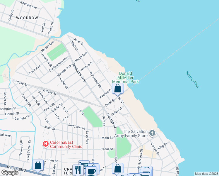 map of restaurants, bars, coffee shops, grocery stores, and more near 1210 North Pasteur Street in New Bern