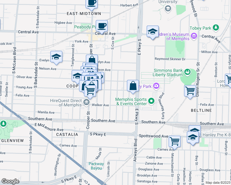 map of restaurants, bars, coffee shops, grocery stores, and more near 963 New York Street in Memphis