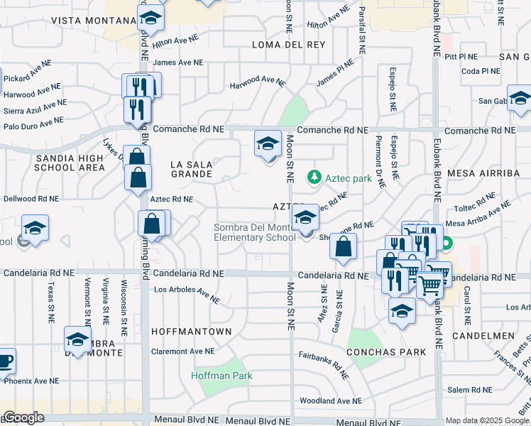 map of restaurants, bars, coffee shops, grocery stores, and more near 8922 Aztec Road Northeast in Albuquerque
