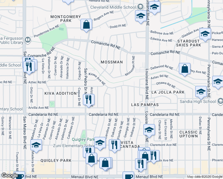 map of restaurants, bars, coffee shops, grocery stores, and more near 3225 Dakota Street Northeast in Albuquerque