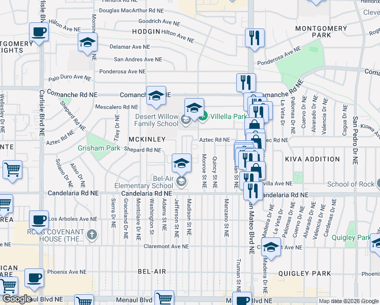 map of restaurants, bars, coffee shops, grocery stores, and more near 3301 Monroe Street Northeast in Albuquerque
