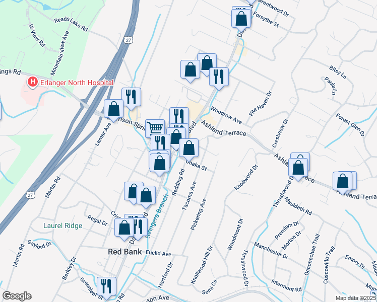map of restaurants, bars, coffee shops, grocery stores, and more near 3910 Redding Road in Chattanooga