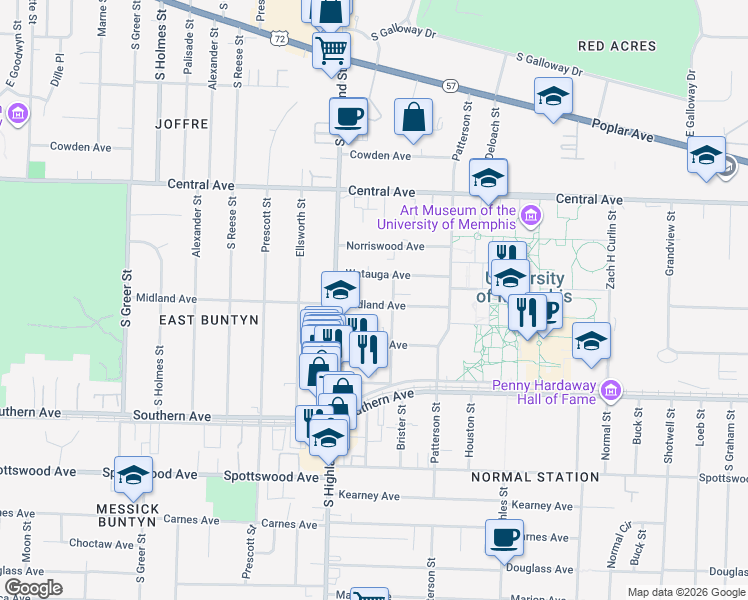 map of restaurants, bars, coffee shops, grocery stores, and more near 3532 Midland Avenue in Memphis