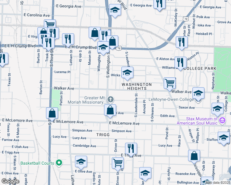 map of restaurants, bars, coffee shops, grocery stores, and more near 465 Walker Avenue in Memphis
