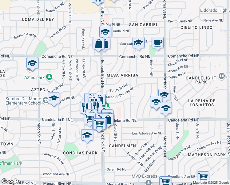 map of restaurants, bars, coffee shops, grocery stores, and more near 9800 Toltec Road Northeast in Albuquerque
