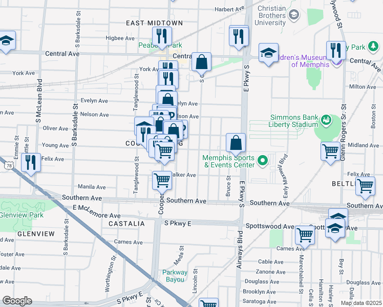 map of restaurants, bars, coffee shops, grocery stores, and more near 960 South Cox Street in Memphis