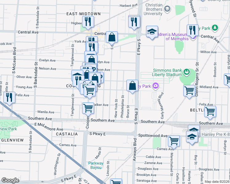 map of restaurants, bars, coffee shops, grocery stores, and more near 960 South Cox Street in Memphis