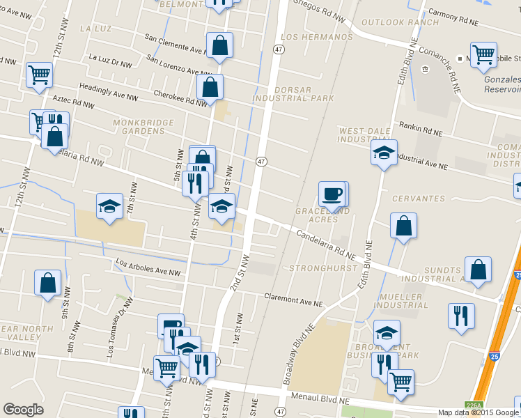 map of restaurants, bars, coffee shops, grocery stores, and more near 135 Candelaria Rd NW in Albuquerque