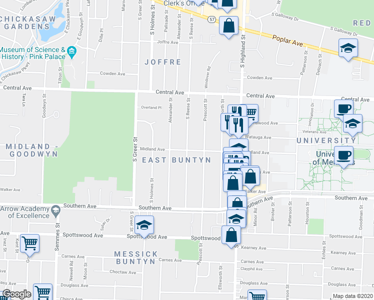 map of restaurants, bars, coffee shops, grocery stores, and more near Midland Ave & S Reese St in Memphis