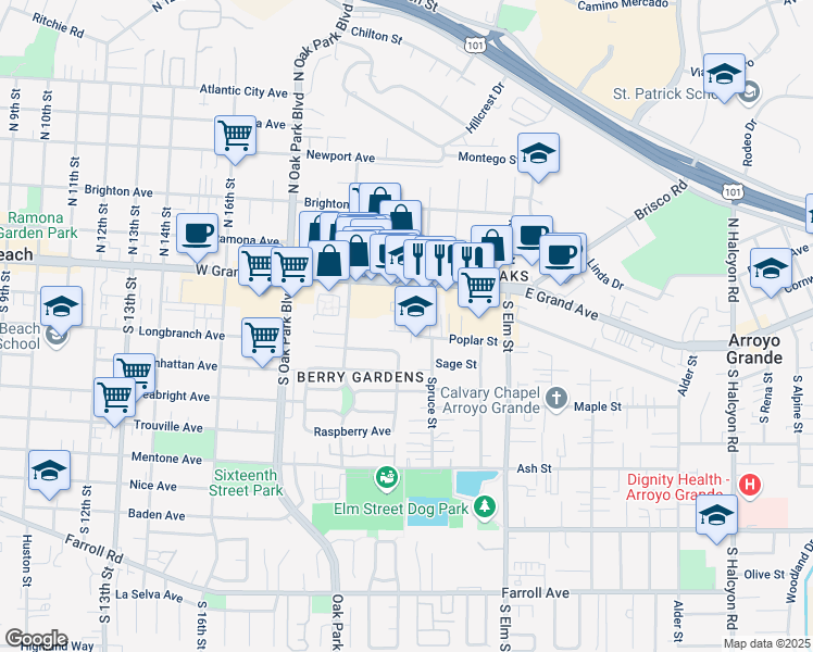 map of restaurants, bars, coffee shops, grocery stores, and more near 142 Juniper Street in Arroyo Grande