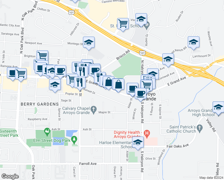 map of restaurants, bars, coffee shops, grocery stores, and more near 1086 East Grand Avenue in Arroyo Grande