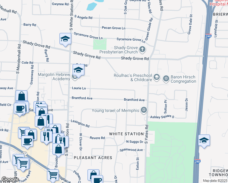 map of restaurants, bars, coffee shops, grocery stores, and more near 5411 Laurie Lane in Memphis