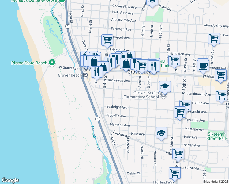 map of restaurants, bars, coffee shops, grocery stores, and more near 508 Longbranch Avenue in Grover Beach