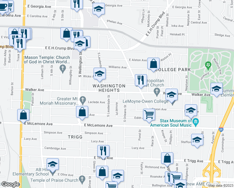 map of restaurants, bars, coffee shops, grocery stores, and more near 599 Walker Avenue in Memphis