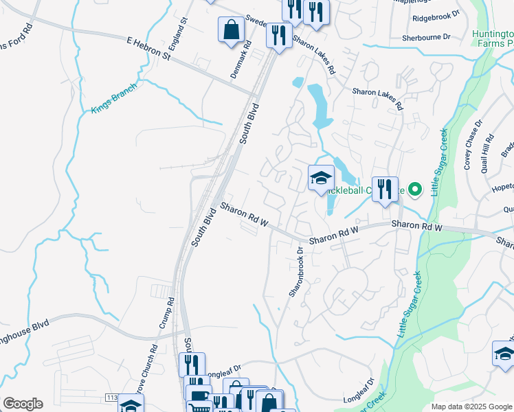 map of restaurants, bars, coffee shops, grocery stores, and more near 1355 Sharon Road West in Charlotte