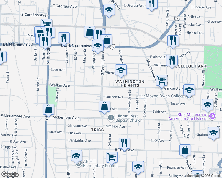 map of restaurants, bars, coffee shops, grocery stores, and more near 465 Walker Avenue in Memphis