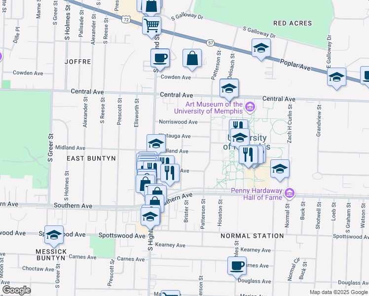 map of restaurants, bars, coffee shops, grocery stores, and more near 3586 Midland Avenue in Memphis
