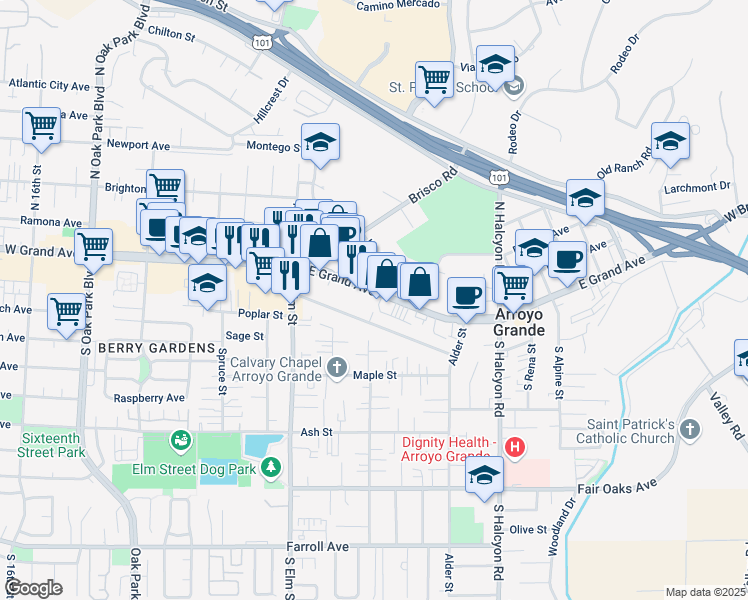map of restaurants, bars, coffee shops, grocery stores, and more near 1119 East Grand Avenue in Arroyo Grande