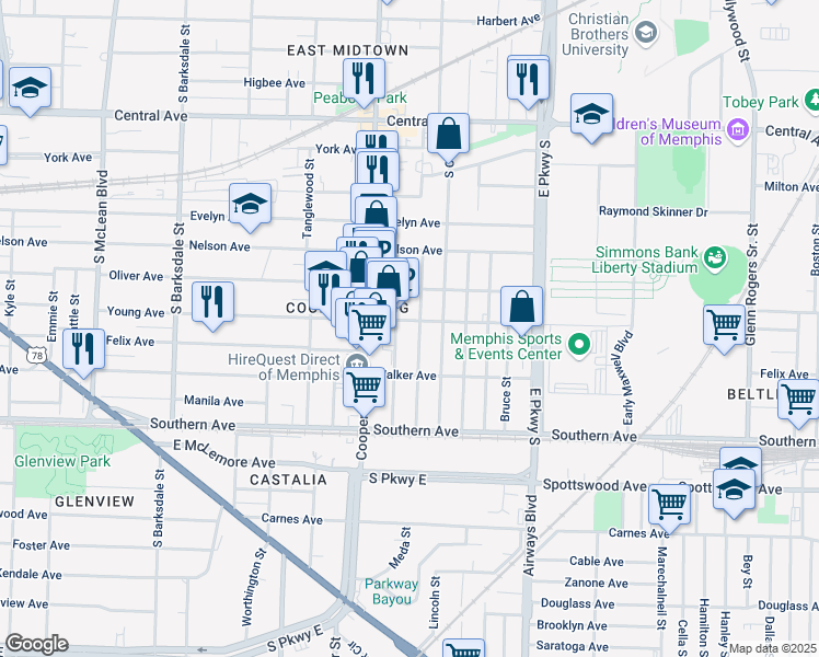 map of restaurants, bars, coffee shops, grocery stores, and more near 2185 Young Avenue in Memphis