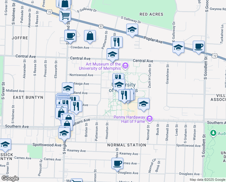 map of restaurants, bars, coffee shops, grocery stores, and more near 3720 Alumni Avenue in Memphis