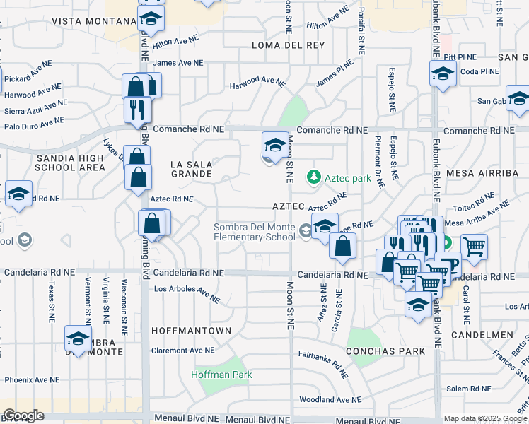 map of restaurants, bars, coffee shops, grocery stores, and more near 8922 Aztec Road Northeast in Albuquerque