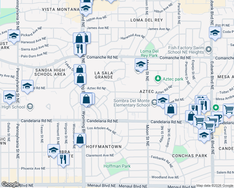 map of restaurants, bars, coffee shops, grocery stores, and more near 8802 Aztec Road Northeast in Albuquerque
