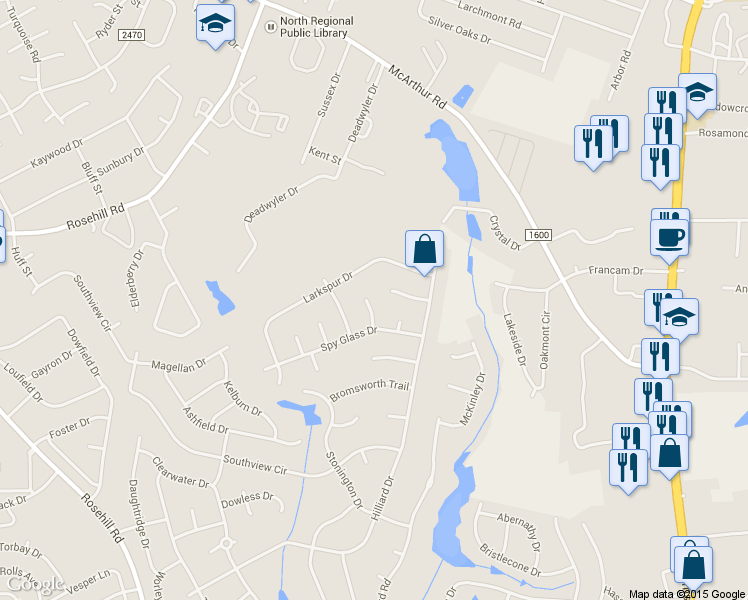 map of restaurants, bars, coffee shops, grocery stores, and more near 4493 Penhurst Court in Fayetteville