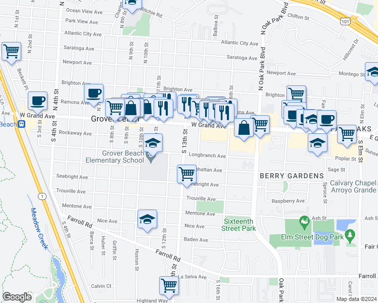map of restaurants, bars, coffee shops, grocery stores, and more near 1345 Longbranch Avenue in Grover Beach