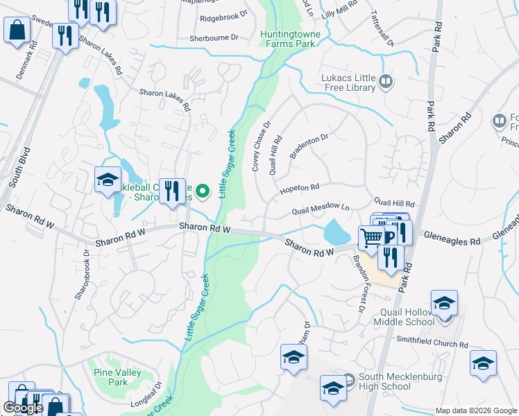 map of restaurants, bars, coffee shops, grocery stores, and more near 8020 Covey Chase Drive in Charlotte