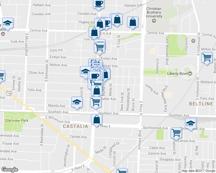 map of restaurants, bars, coffee shops, grocery stores, and more near 2185 Young Avenue in Memphis