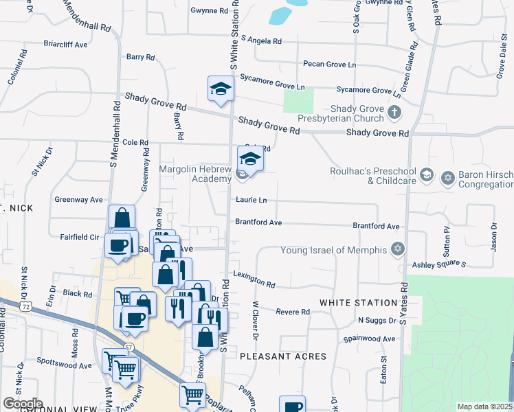 map of restaurants, bars, coffee shops, grocery stores, and more near 5273 Laurie Lane in Memphis