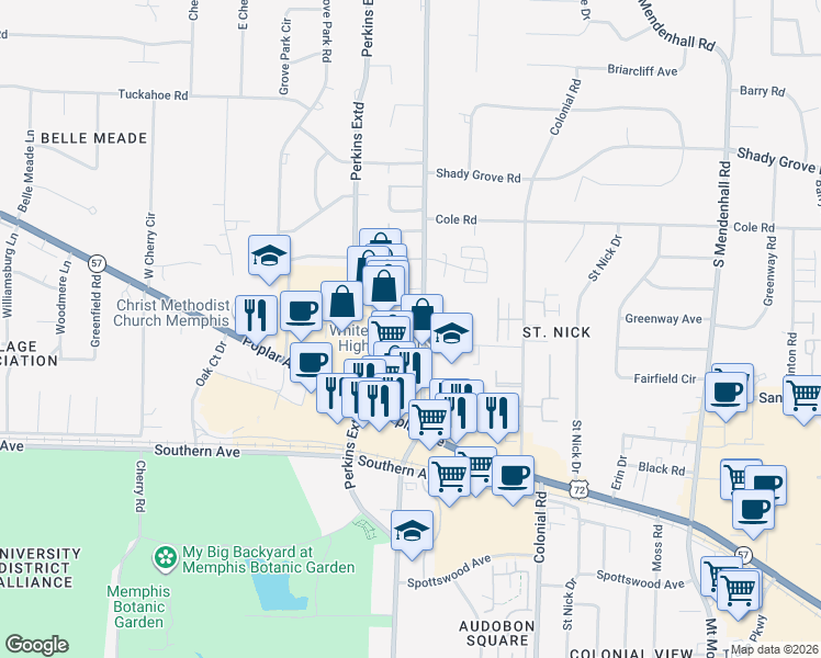 map of restaurants, bars, coffee shops, grocery stores, and more near 427 South Perkins Road in Memphis