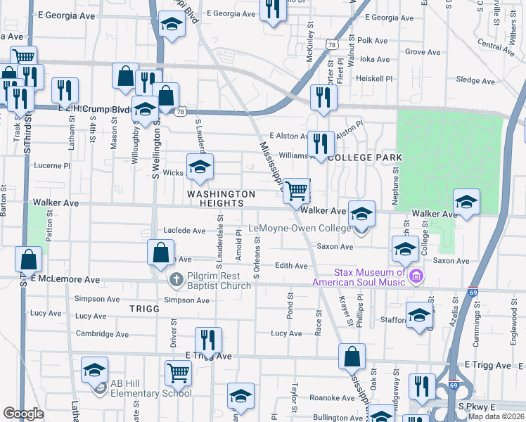 map of restaurants, bars, coffee shops, grocery stores, and more near 643 Walker Avenue in Memphis