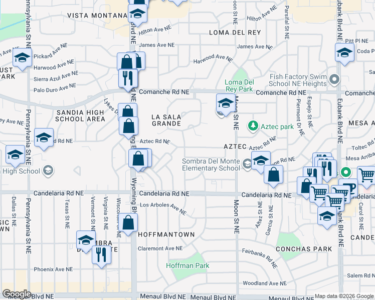 map of restaurants, bars, coffee shops, grocery stores, and more near 8802 Aztec Road Northeast in Albuquerque