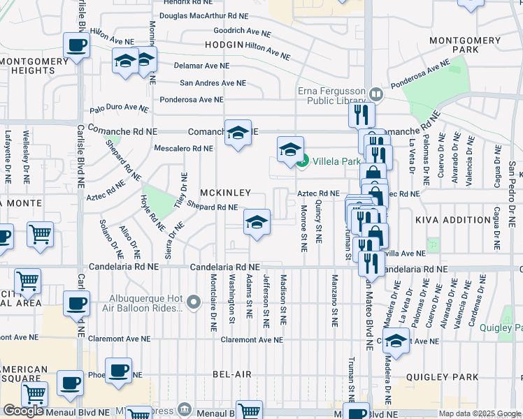 map of restaurants, bars, coffee shops, grocery stores, and more near 4515 Shepard Road Northeast in Albuquerque