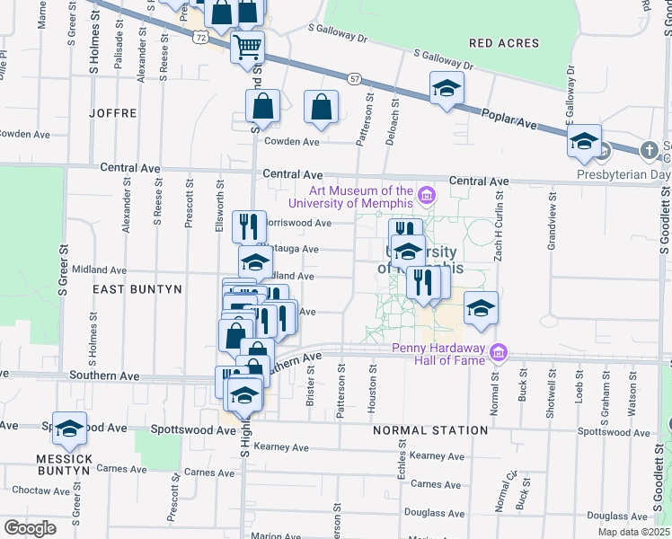 map of restaurants, bars, coffee shops, grocery stores, and more near 3624 Midland Avenue in Memphis