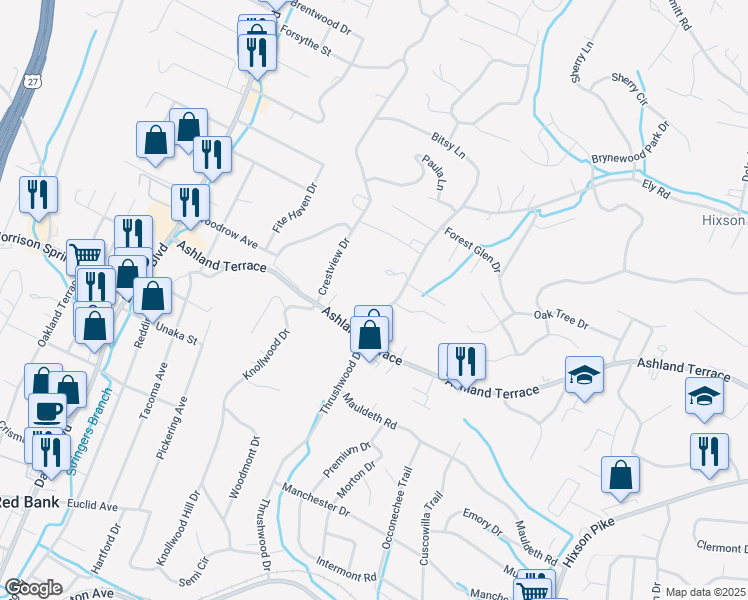 map of restaurants, bars, coffee shops, grocery stores, and more near 513 Ely Road in Chattanooga