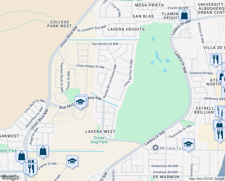map of restaurants, bars, coffee shops, grocery stores, and more near 7221 Del Pasado Northwest in Albuquerque