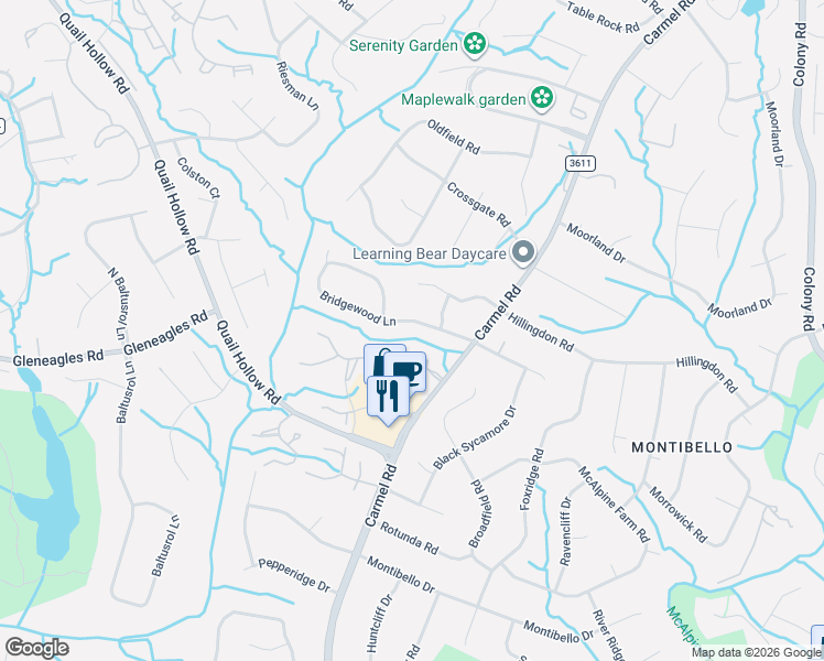 map of restaurants, bars, coffee shops, grocery stores, and more near 4132 Bridgewood Lane in Charlotte